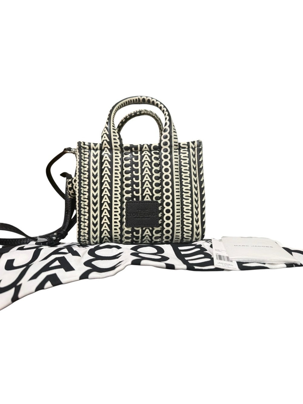Marc Jacobs The Tote Bag Mini Black Ivory Logo Print Leather Crossbody Dust Bag - Picture 8 of 11